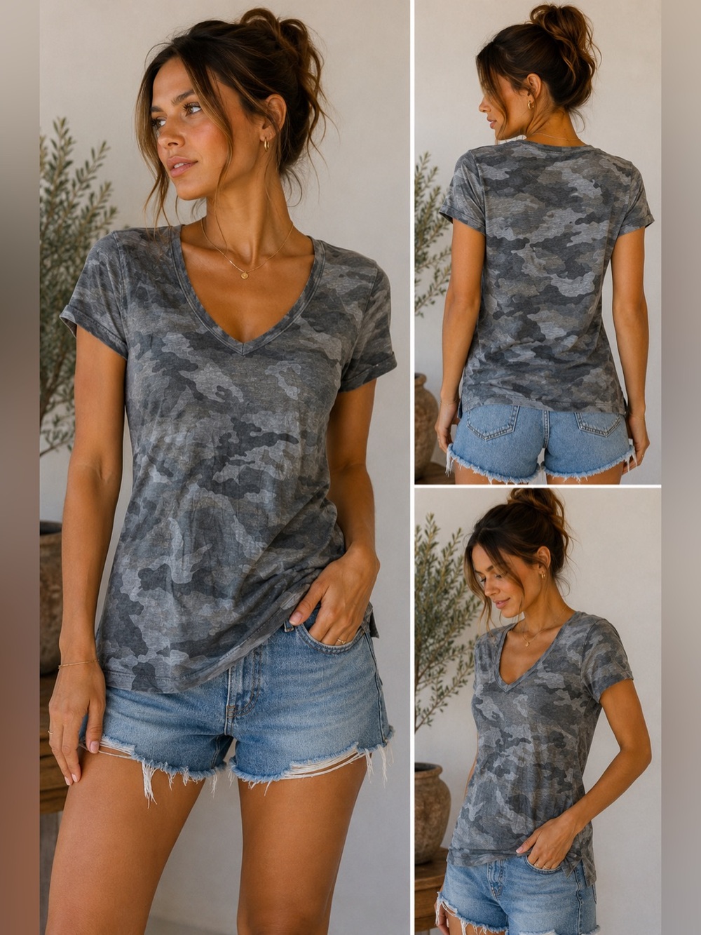 James Perse Size 0 XS Gray Camo V-Neck Linen Cotton T-Shirt Made in USA